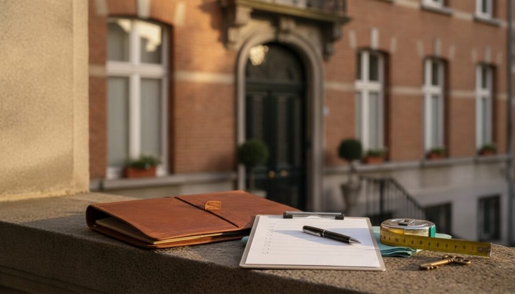 Dossier, bloc-notes et mètre d'un expert immobilier devant une façade bruxelloise, expertise immobilière