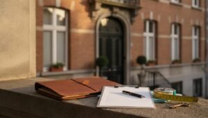 Dossier, bloc-notes et mètre d'un expert immobilier devant une façade bruxelloise, expertise immobilière