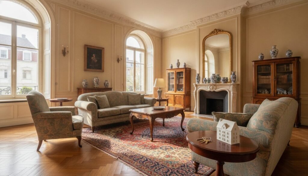 Salon traditionnel d'une maison bruxelloise avec maquette et clés, évaluation d'un bien en succession