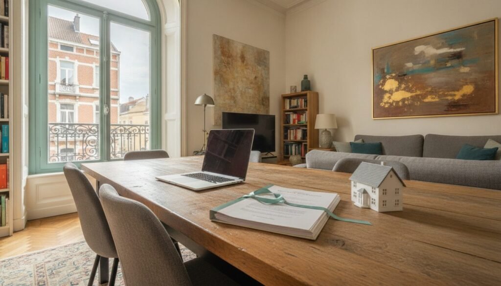 Table avec ordinateur et dossier immobilier pour vendre un bien sans agence à Bruxelles