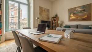 Table avec ordinateur et dossier immobilier pour vendre un bien sans agence à Bruxelles